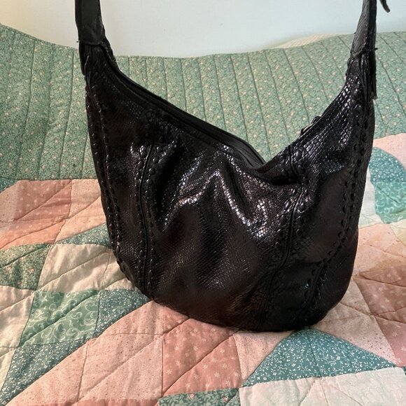 Brighton Black Leather Purse Womens Hobo Slouchy Faux Snakeskin Western Buckle - Picture 6 of 16